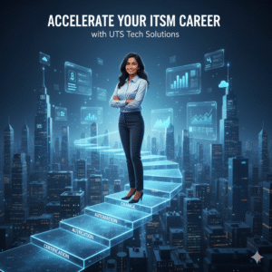 A modern professional digital illustration promoting career growth in ServiceNow ITSM with UTS Tech Solutions. A confident young professional standing on an upward career pathway made of digital steps, each step labeled with ITSM concepts like Incident, Change, Problem, Automation, Certification, and Leadership. A futuristic city skyline made of technology icons in the background. Floating holographic UI elements showing ServiceNow dashboards, cloud systems, and analytics. Clean corporate blue and white color palette, inspirational atmosphere, soft lighting, professional business style, suitable for LinkedIn post, website banner, or recruitment ad, ultra-detailed, 4K resolution.
